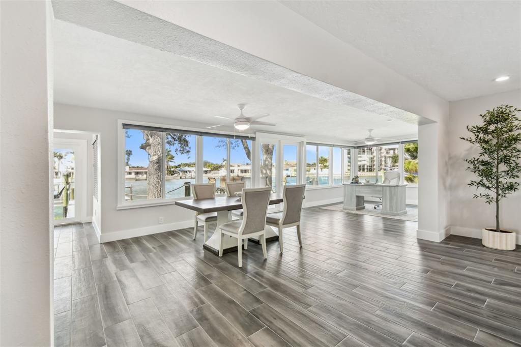 Dining room, Interior, Recessed Lighting, Water, Wood Texture Flooring