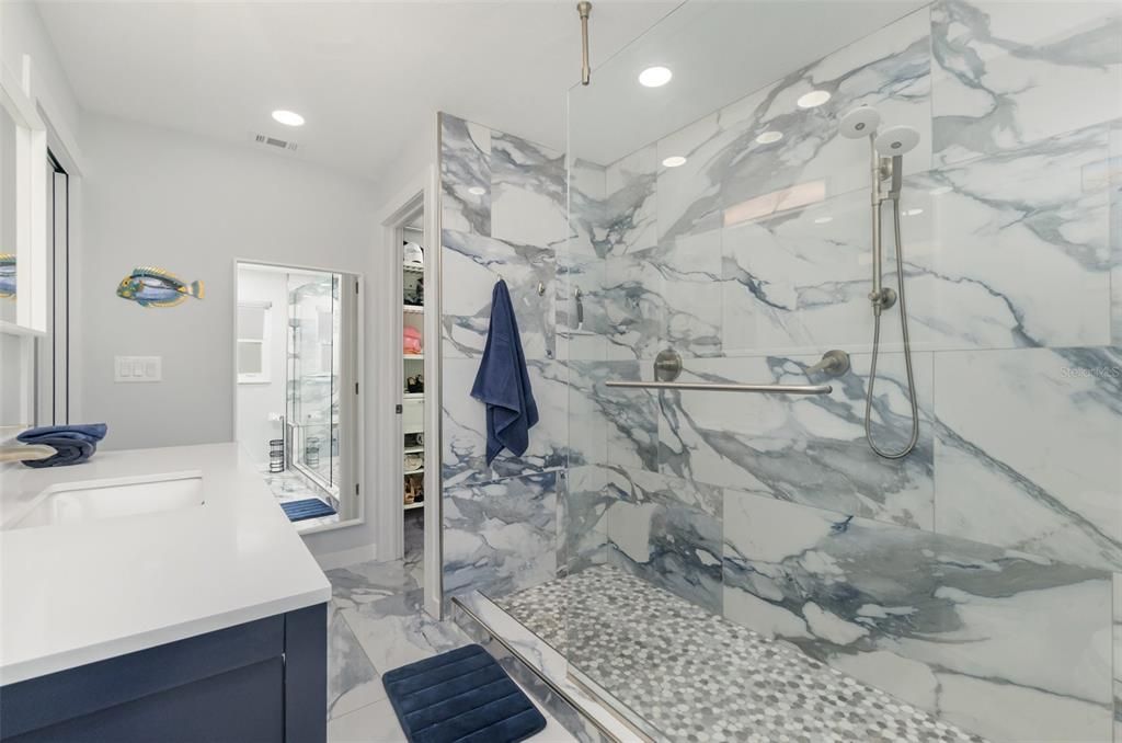 Bathroom, Glass Shower, Interior, Marble, Marble Walls, Recessed Lighting