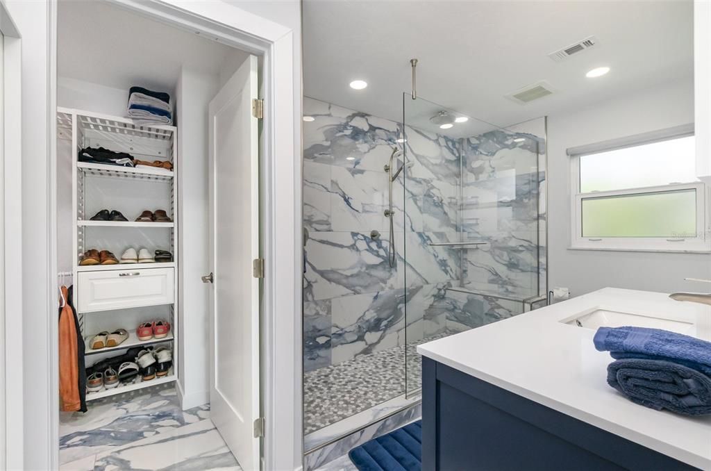 Bathroom, Glass Shower, Interior, Marble, Marble Walls, Recessed Lighting