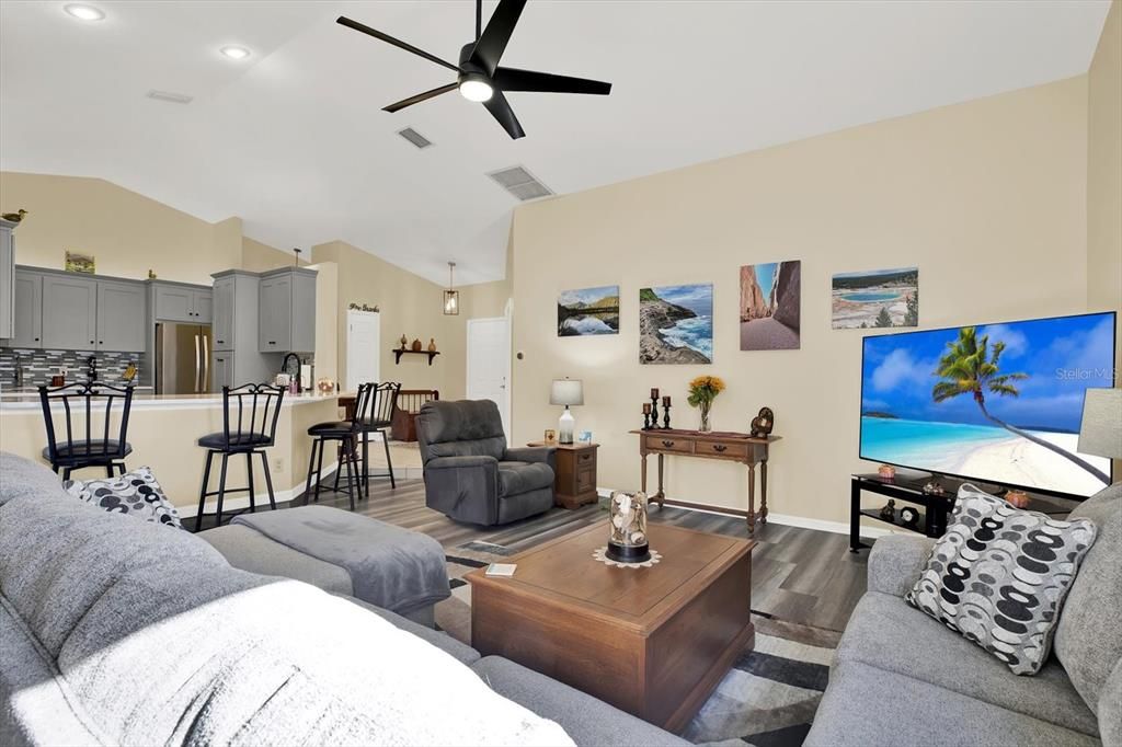 Dining room, Interior, Kitchen, Living room, Recessed Lighting, Wood Texture Flooring