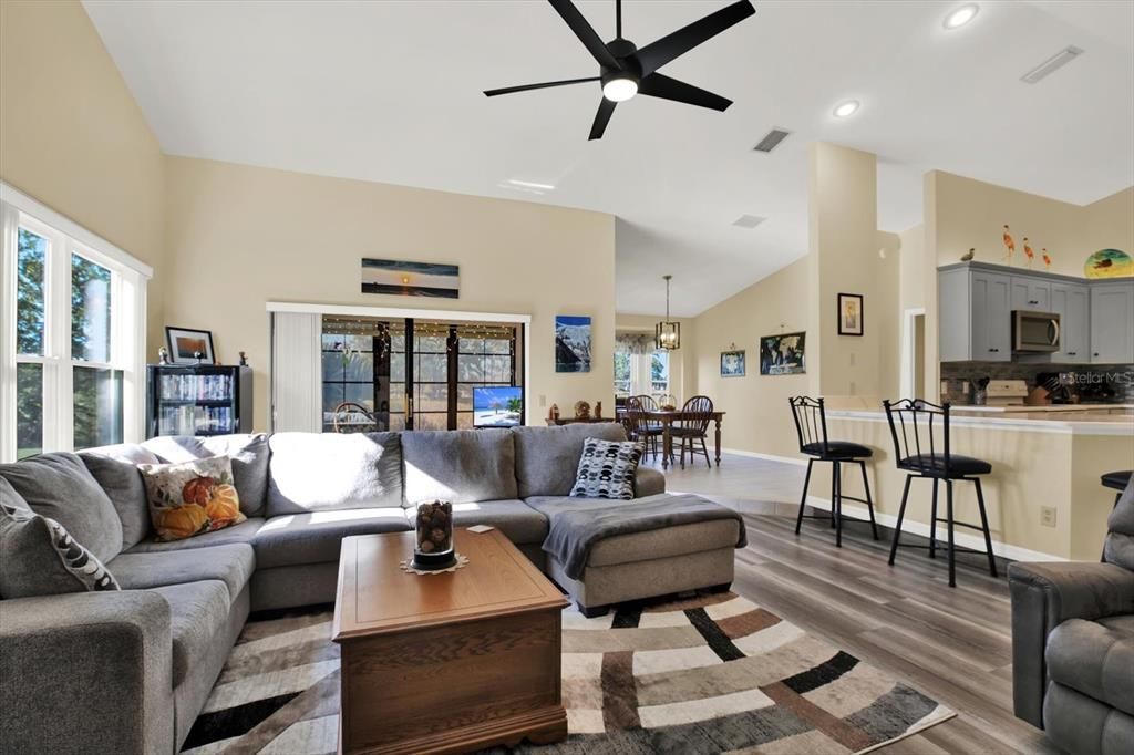 Dining room, Interior, Kitchen, Living room, Pendant Lights, Recessed Lighting, Wood Texture Flooring