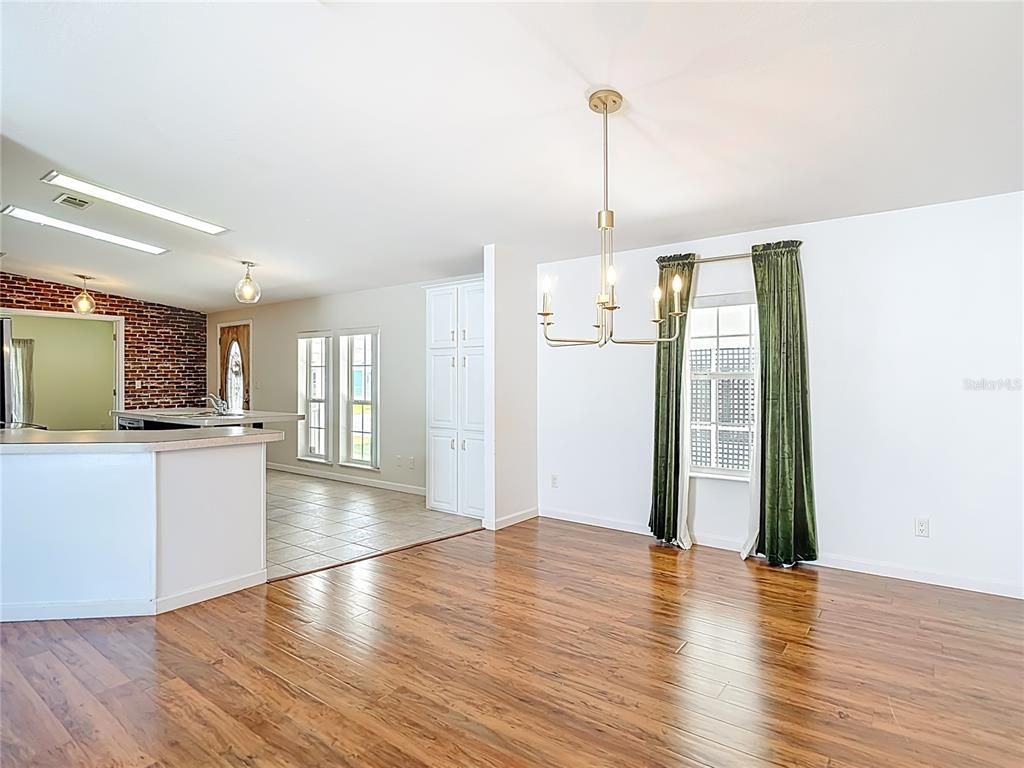 Chandelier, Empty room, Interior, Kitchen, Pendant Lights, Wood Texture Flooring