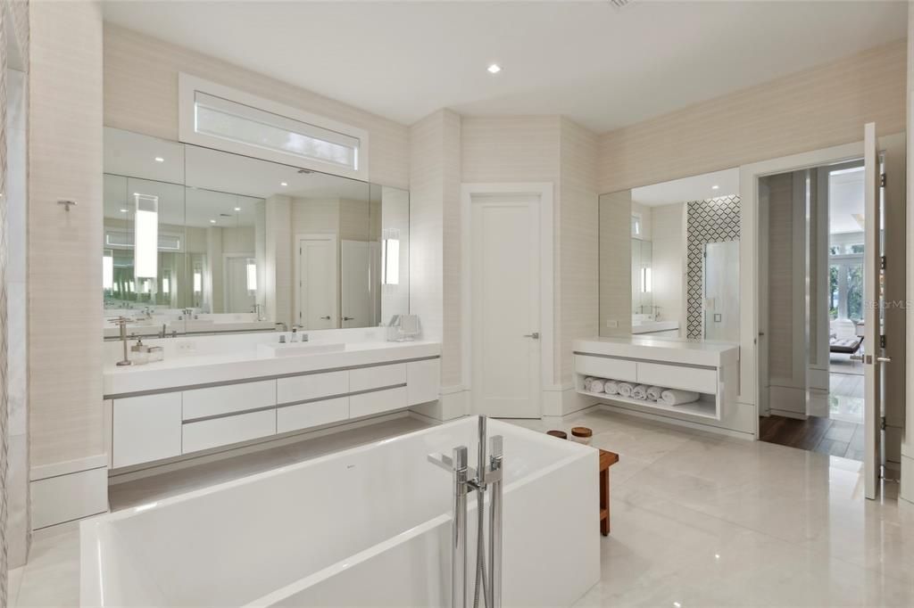 Bathroom, Dual Sink Vanities, Interior, Recessed Lighting, Wood Texture Flooring