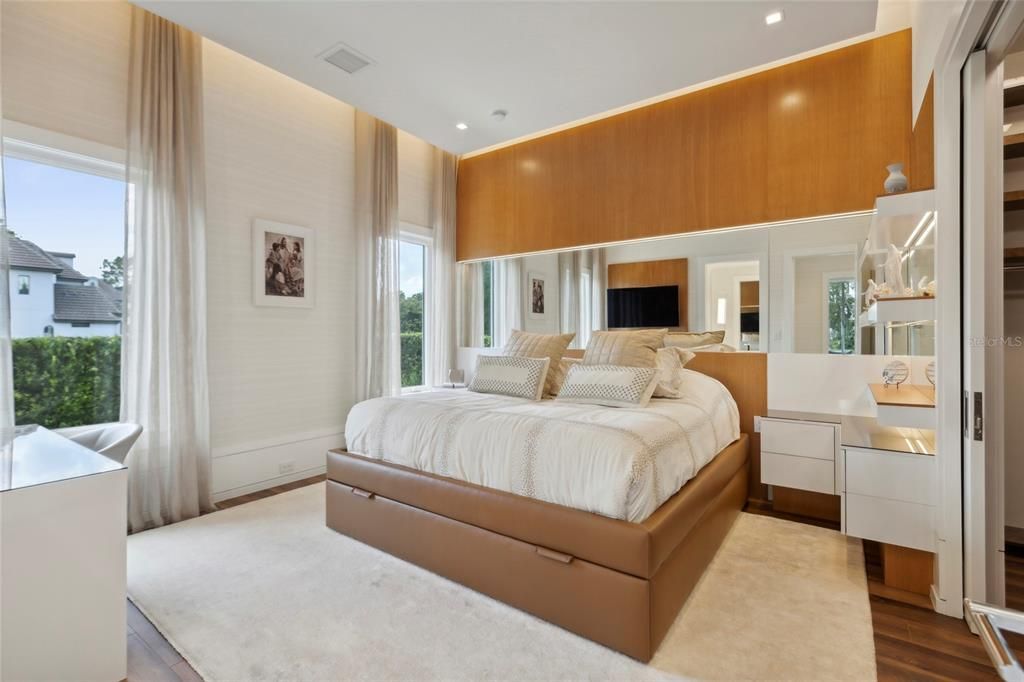 Bedroom, Interior, Recessed Lighting, Wood Texture Flooring