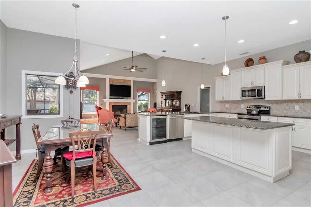 Dining room, Fireplace, Interior, Kitchen, Living room, Pendant Lights, Recessed Lighting, Stainless Steel Appliances