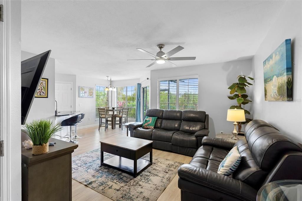 Dining room, Interior, Living room, Pendant Lights, Wood Texture Flooring