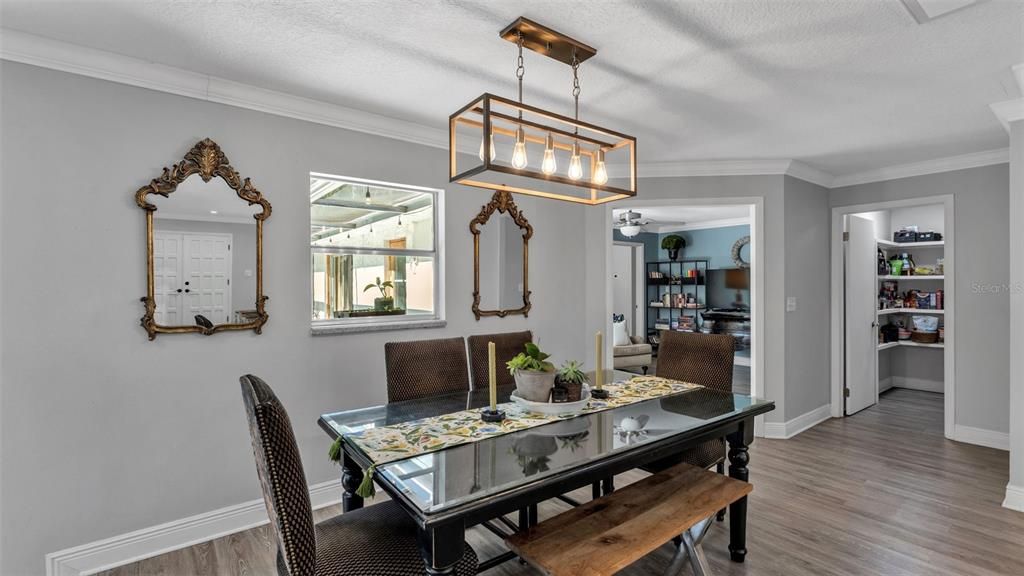 Dining room, Interior, Pendant Lights, Wood Texture Flooring