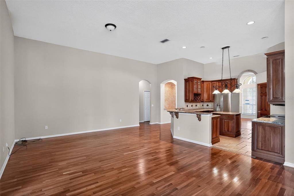 Interior, Kitchen, Pendant Lights, Recessed Lighting, Wood Texture Flooring