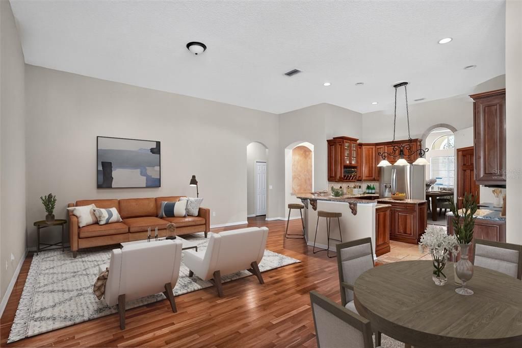Dining room, Interior, Kitchen, Living room, Pendant Lights, Recessed Lighting, Wood Texture Flooring