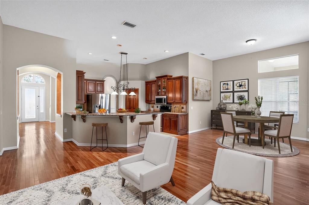 Dining room, Interior, Kitchen, Pendant Lights, Recessed Lighting, Wood Texture Flooring