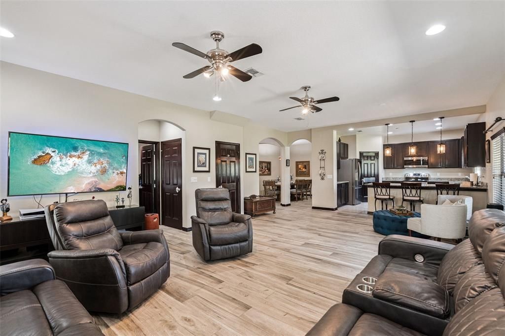 Home Theatre Room, Interior, Kitchen, Living room, Pendant Lights, Recessed Lighting, Stainless Steel Appliances, Wood Texture Flooring