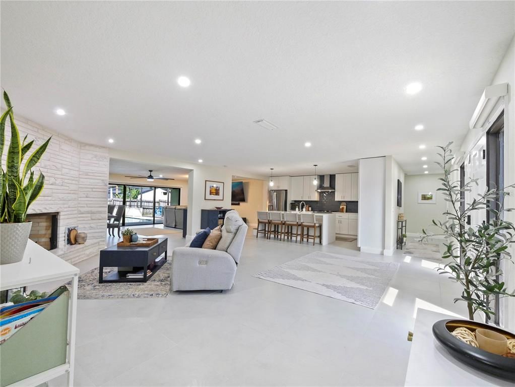 Dining room, Fireplace, Interior, Kitchen, Living room, Pendant Lights, Recessed Lighting, Stone Walls