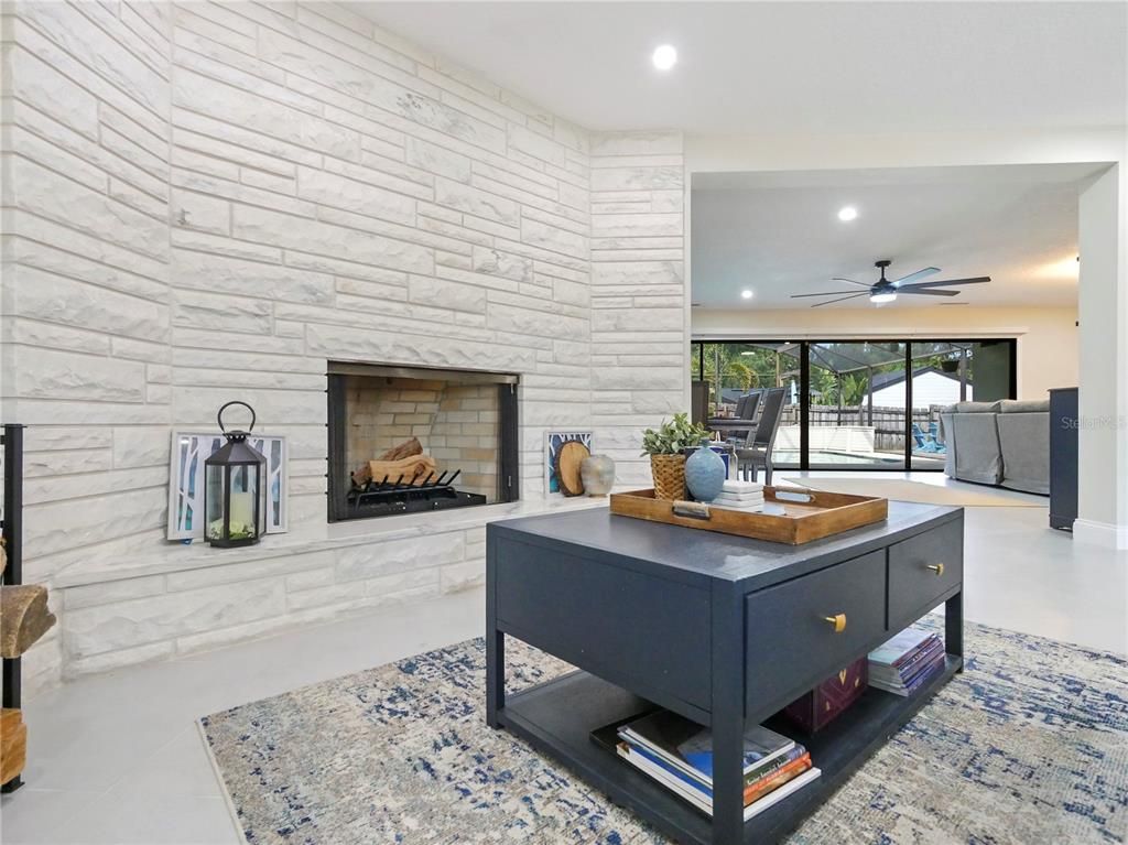 Fireplace, Interior, Recessed Lighting, Stone Walls