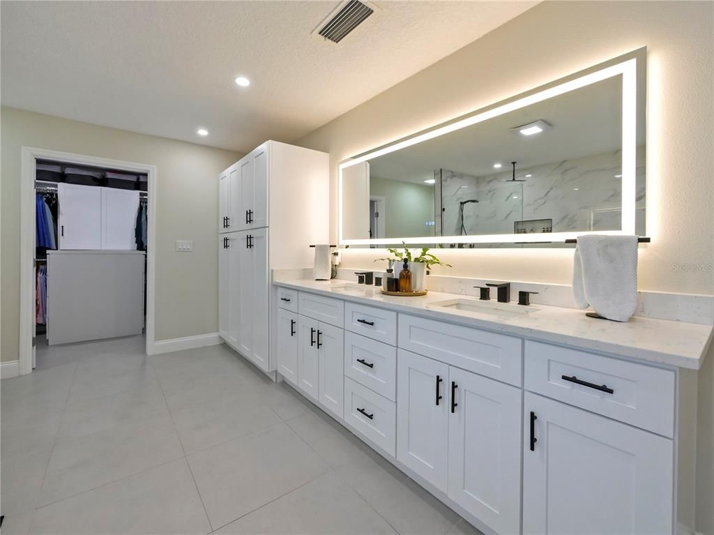 Bathroom, Dual Sink Vanities, Interior, Marble Walls, Recessed Lighting