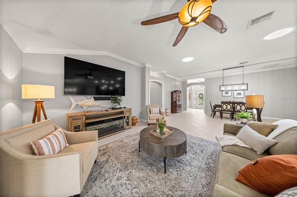 Dining room, Fireplace, Interior, Living room, Pendant Lights, Recessed Lighting