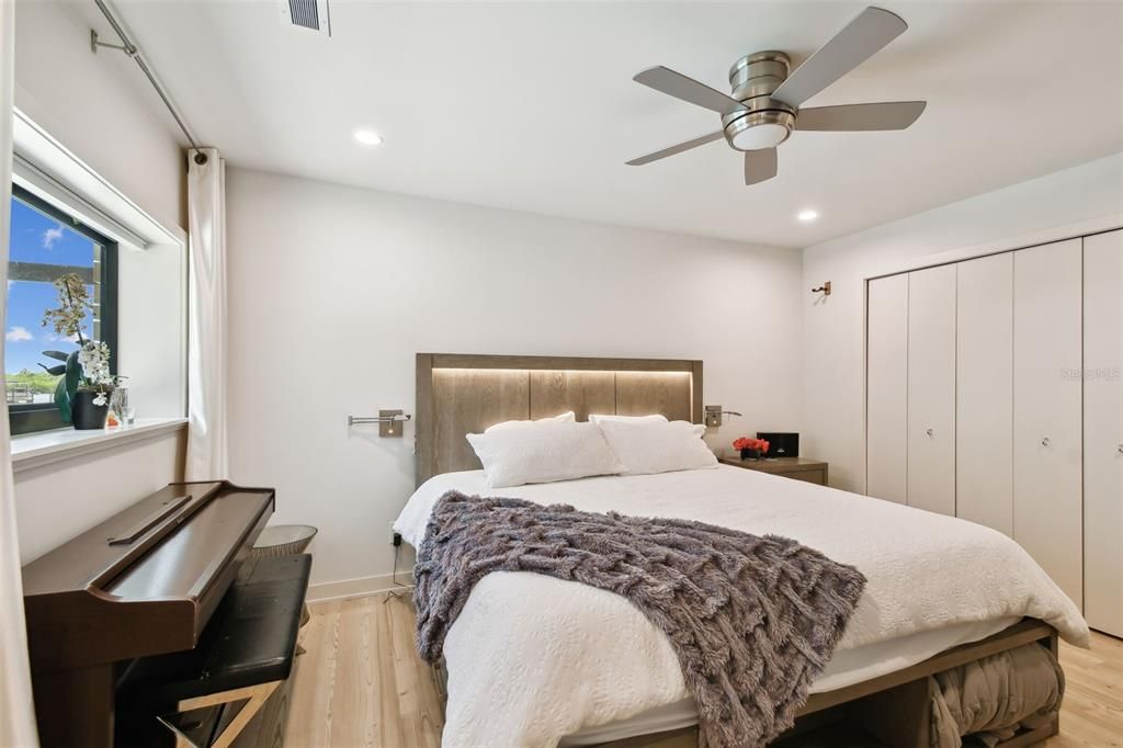 Bedroom, Interior, Recessed Lighting, Wood Texture Flooring