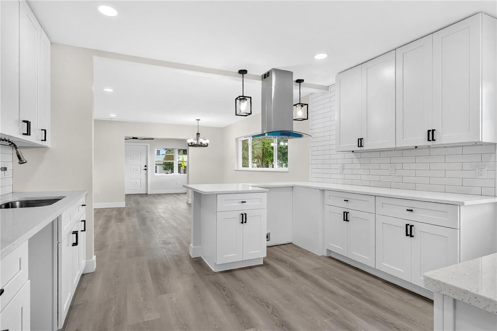 Chandelier, Interior, Kitchen, Pendant Lights, Recessed Lighting, Wood Texture Flooring