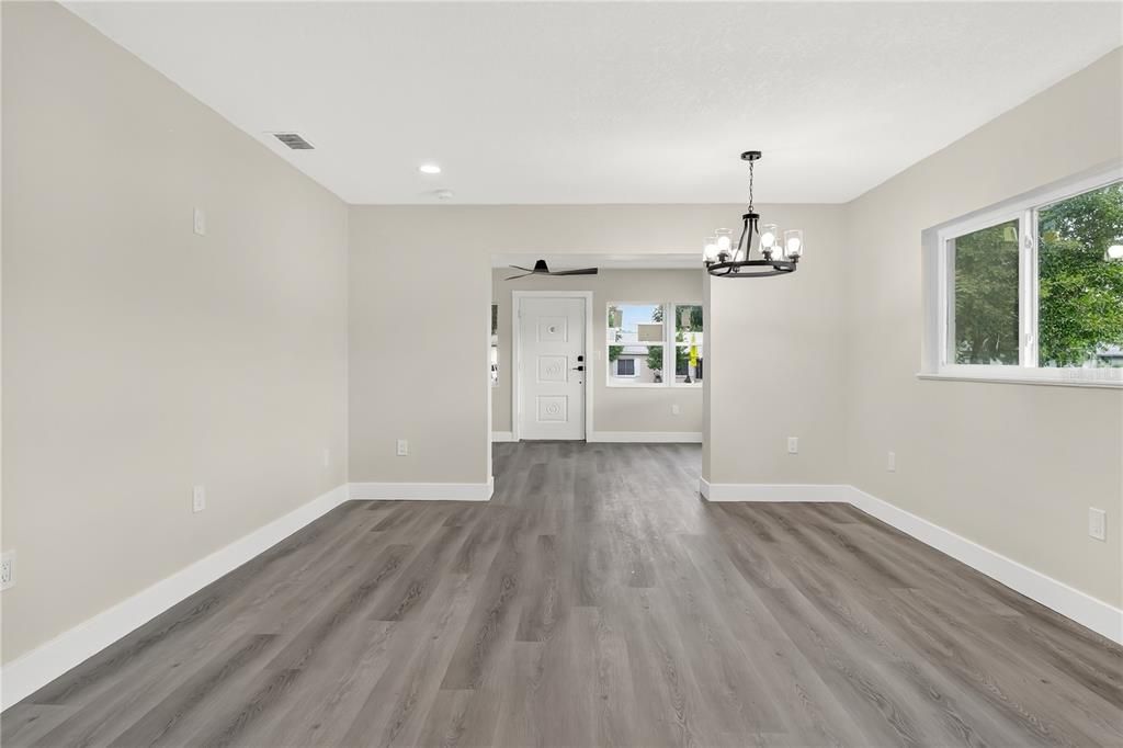Chandelier, Empty room, Interior, Recessed Lighting, Wood Texture Flooring