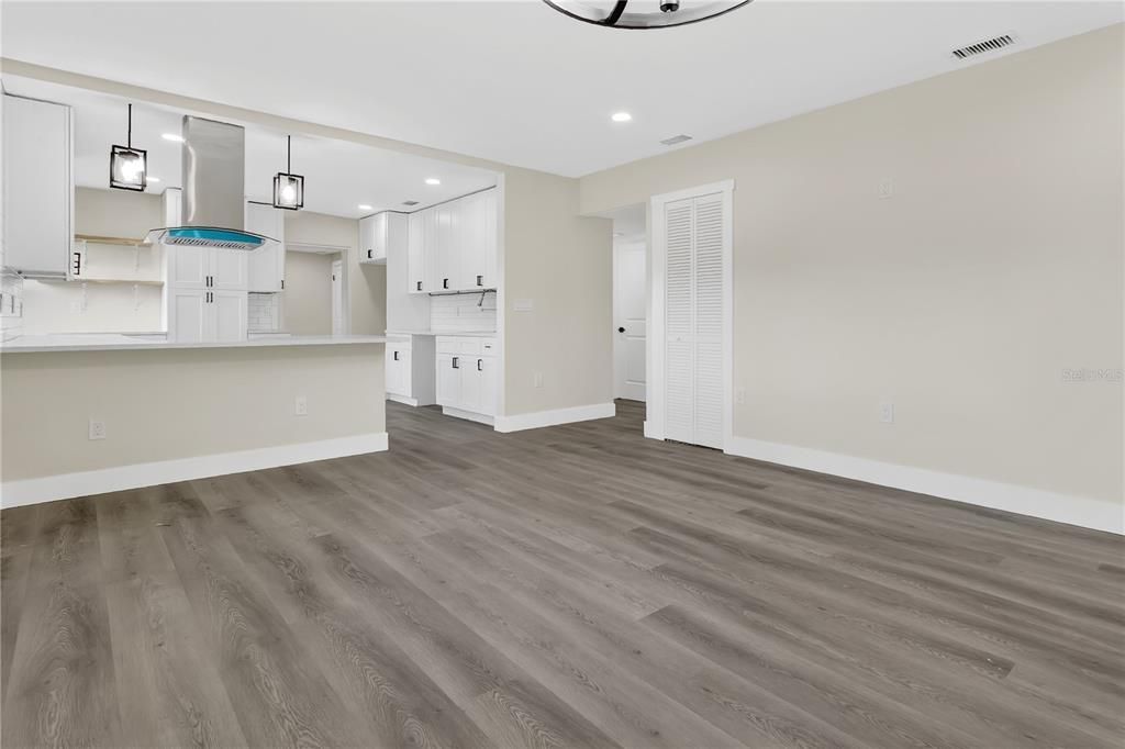 Empty room, Interior, Kitchen, Pendant Lights, Recessed Lighting, Wood Texture Flooring