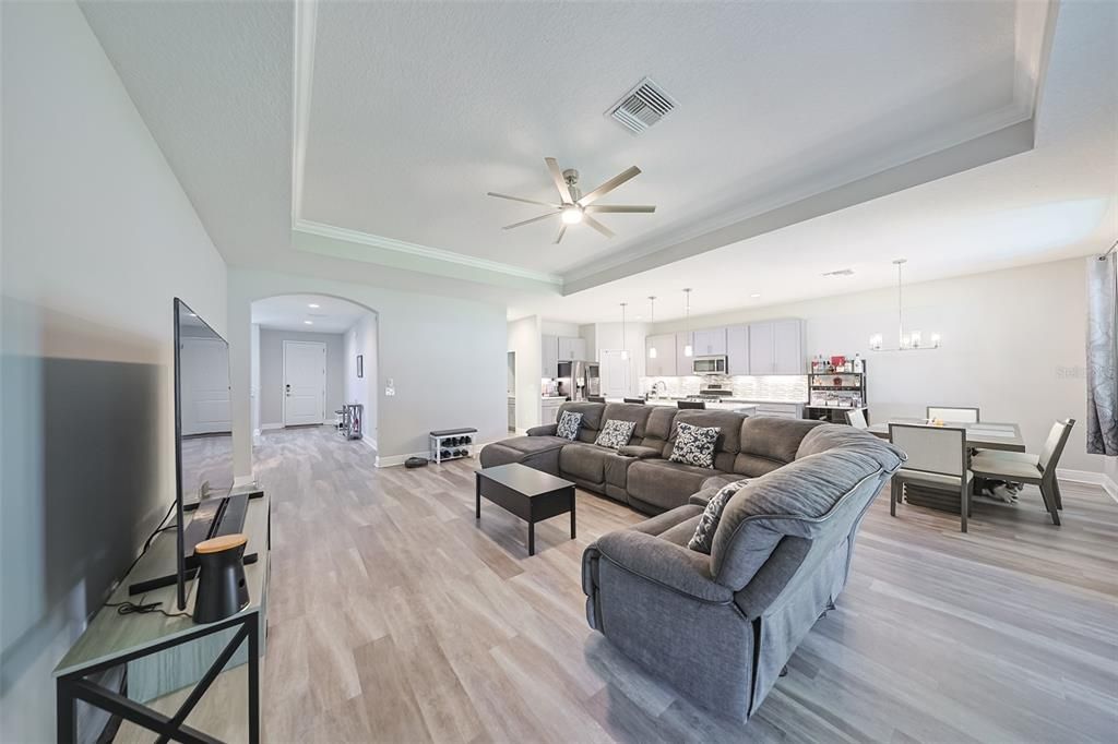 Dining room, Interior, Kitchen, Living room, Pendant Lights, Recessed Lighting, Wood Texture Flooring