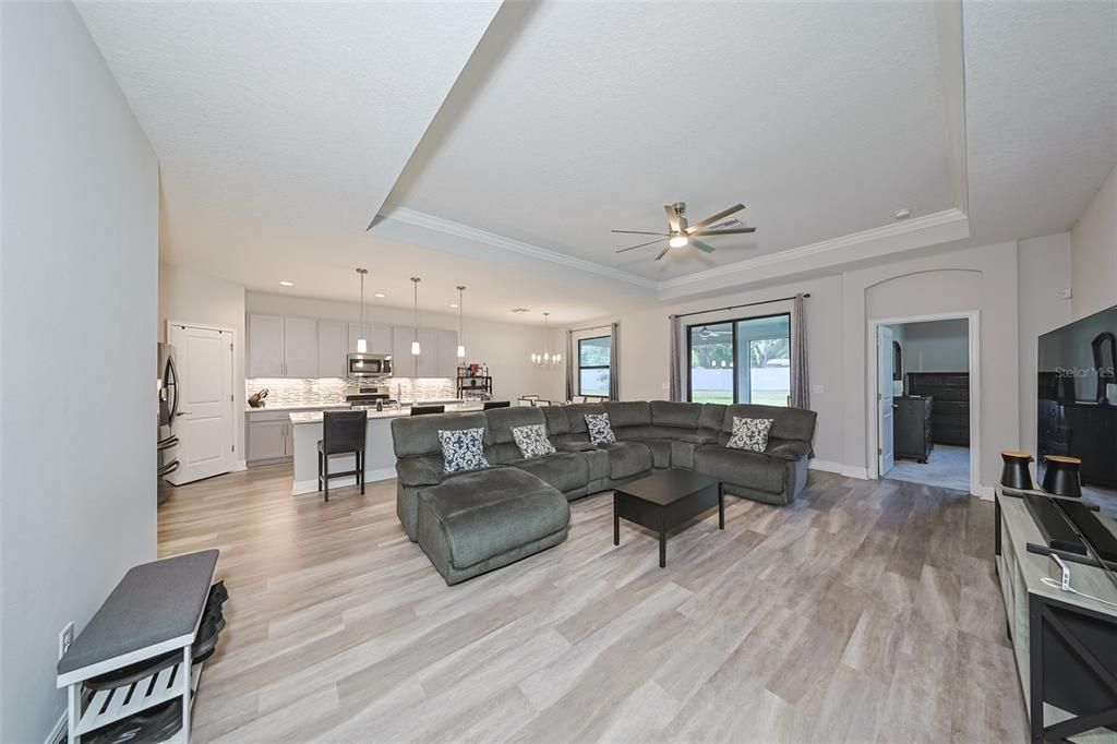 Interior, Kitchen, Living room, Pendant Lights, Recessed Lighting, Wood Texture Flooring