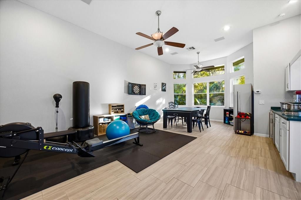 Dining room, Fitness Equipment, Interior, Recessed Lighting, Wood Texture Flooring