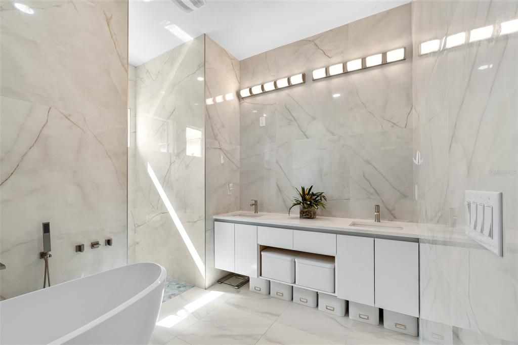 Bathroom, Dual Sink Vanities, Free Standing Baths, Interior, Marble, Marble Walls