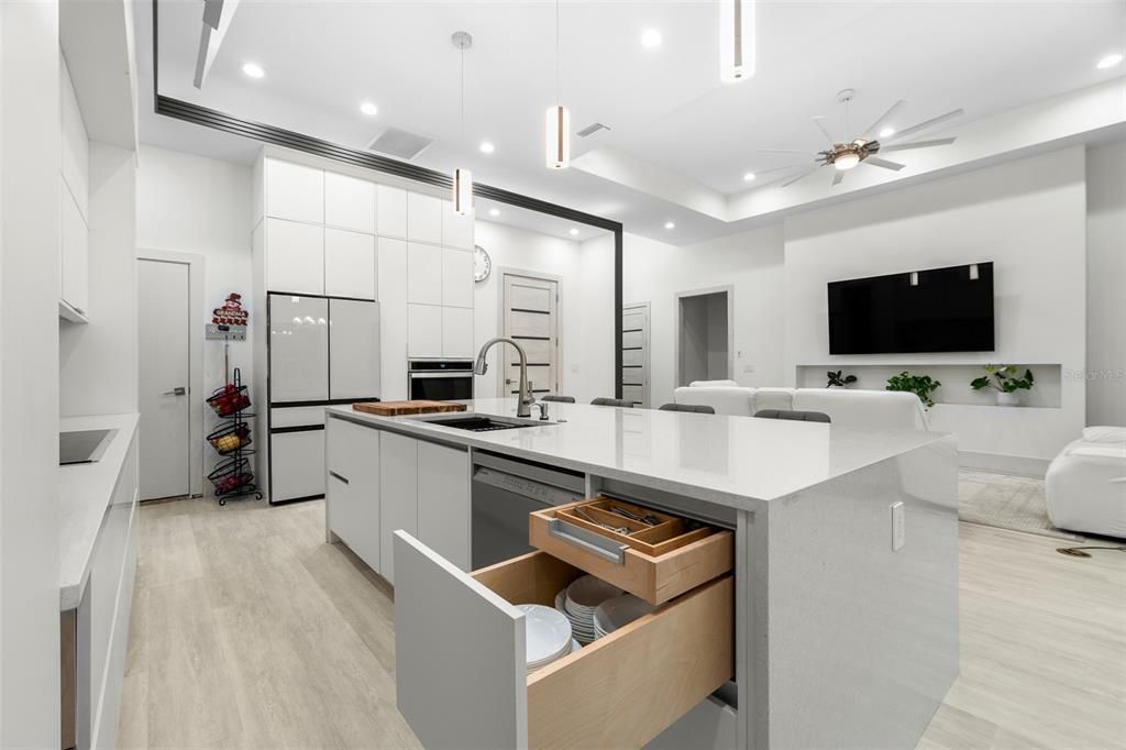 Interior, Kitchen, Pendant Lights, Recessed Lighting, Stainless Steel Appliances, Wood Texture Flooring