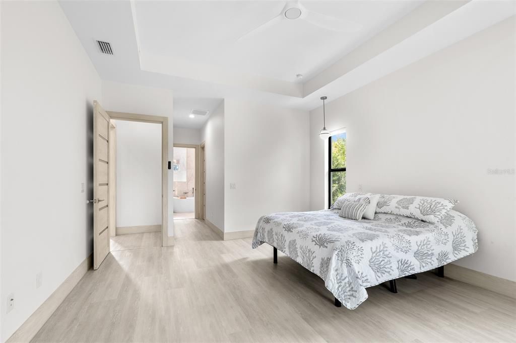 Bedroom, Interior, Pendant Lights, Recessed Lighting, Wood Texture Flooring