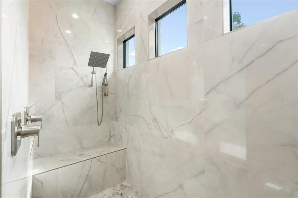 Bathroom, Interior, Marble Walls, Recessed Lighting