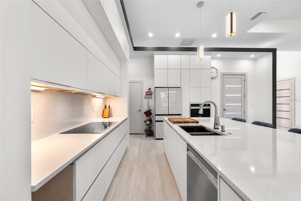Interior, Kitchen, Pendant Lights, Recessed Lighting, Stainless Steel Appliances, Wood Texture Flooring