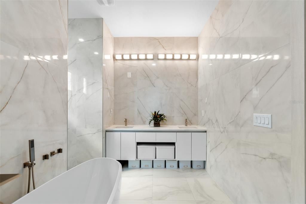 Bathroom, Dual Sink Vanities, Free Standing Baths, Interior, Marble, Marble Walls