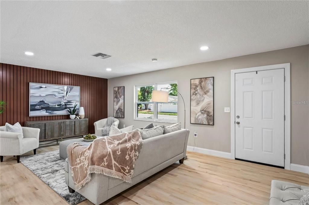 Interior, Living room, Recessed Lighting, Wood Texture Flooring