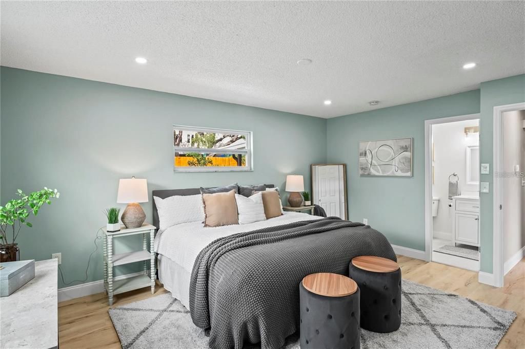 Bedroom, Interior, Recessed Lighting, Wood Texture Flooring