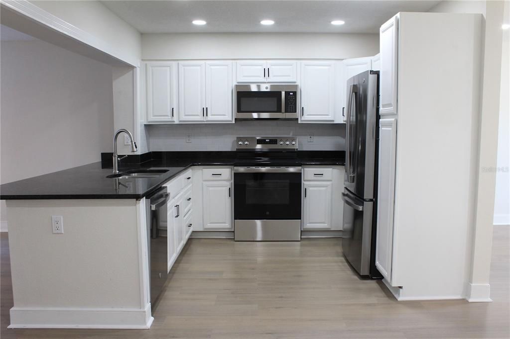 Interior, Kitchen, Recessed Lighting, Stainless Steel Appliances, Wood Texture Flooring