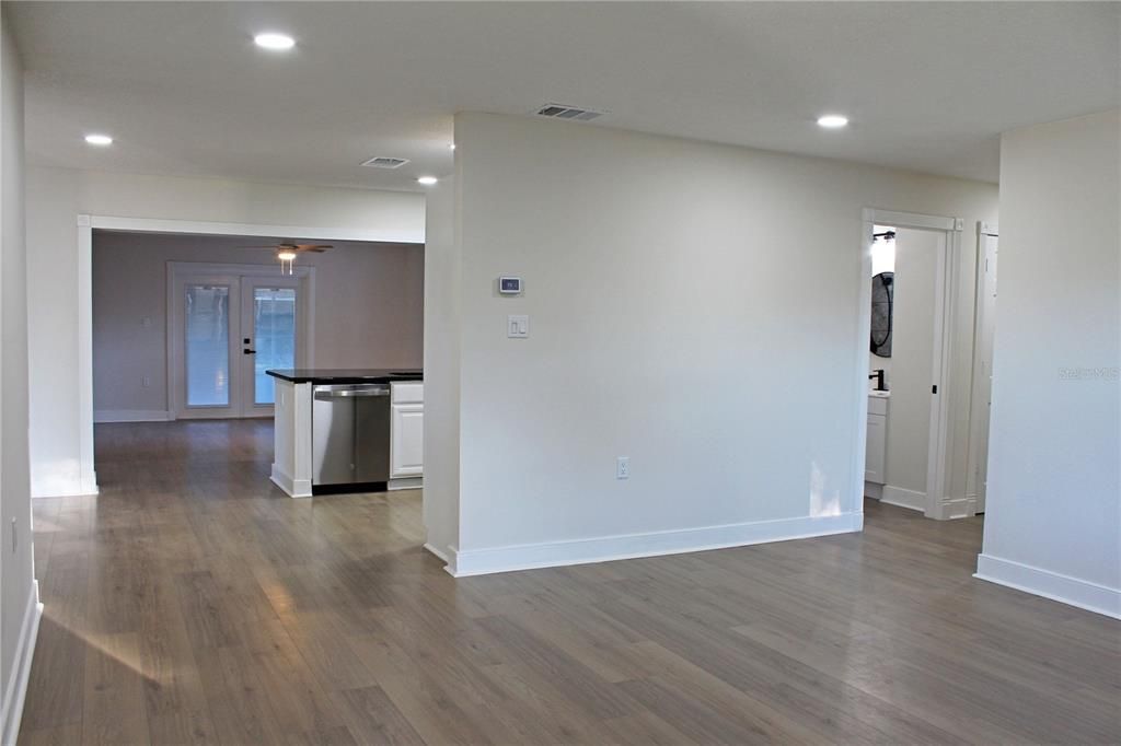 Empty room, Interior, Kitchen, Pendant Lights, Recessed Lighting, Wood Texture Flooring