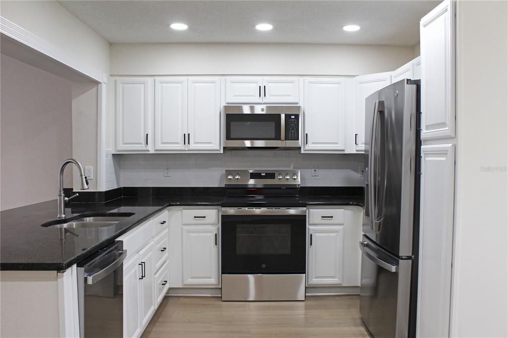 Interior, Kitchen, Recessed Lighting, Stainless Steel Appliances, Wood Texture Flooring