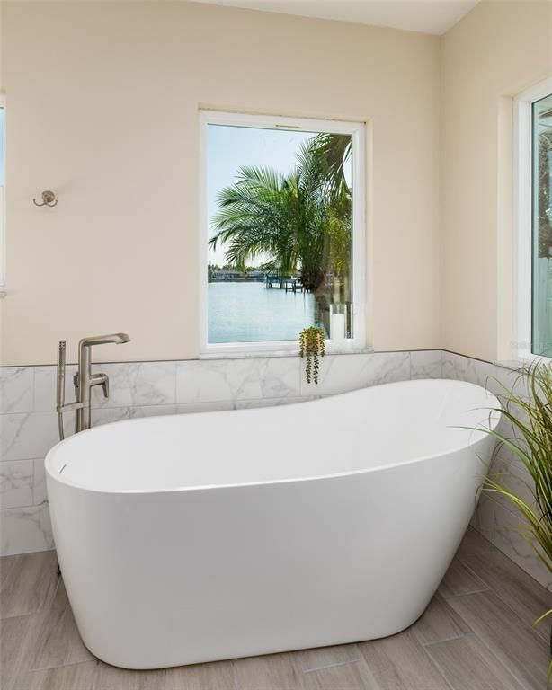 Bathroom, Free Standing Baths, Interior, Marble Walls, Wood Texture Flooring