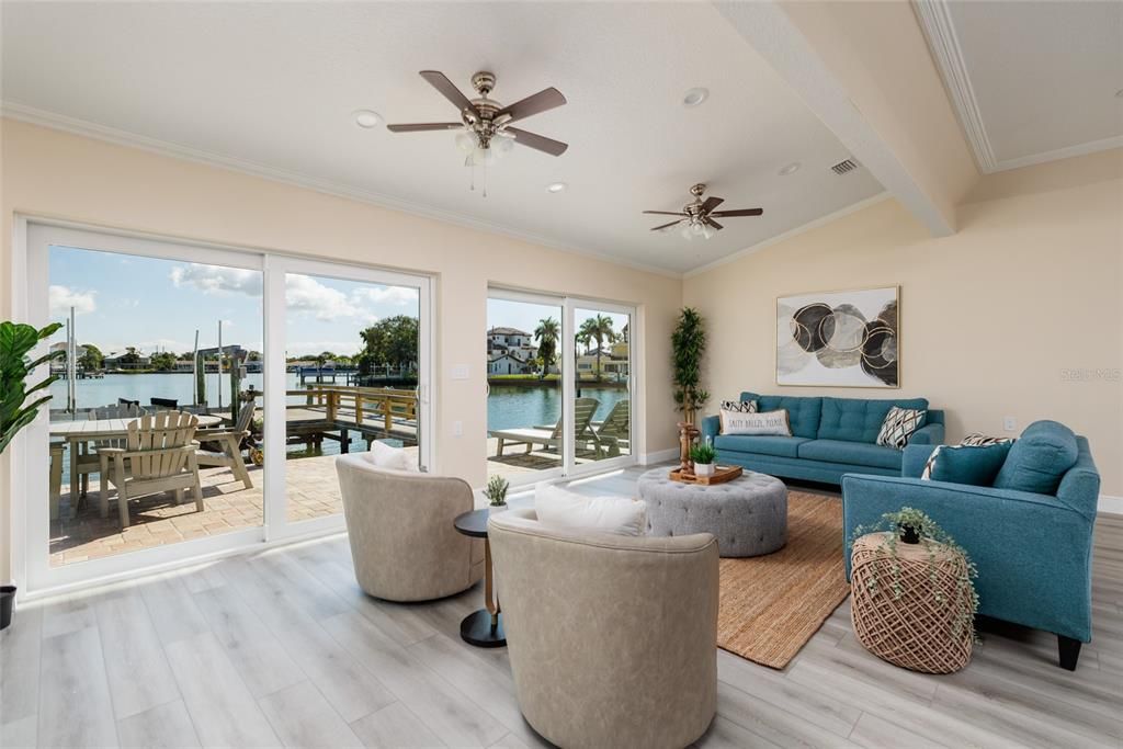 Dining room, Interior, Living room, Recessed Lighting, Water, Wood Texture Flooring