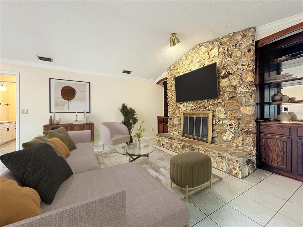 Fireplace, Interior, Living room, Stone Walls