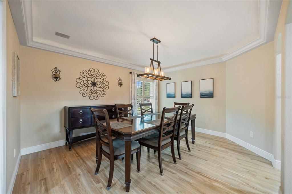 Dining room, Interior, Pendant Lights, Wood Texture Flooring