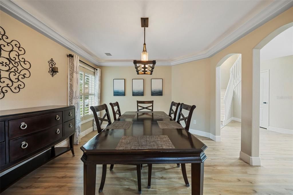 Dining room, Interior, Pendant Lights, Wood Texture Flooring
