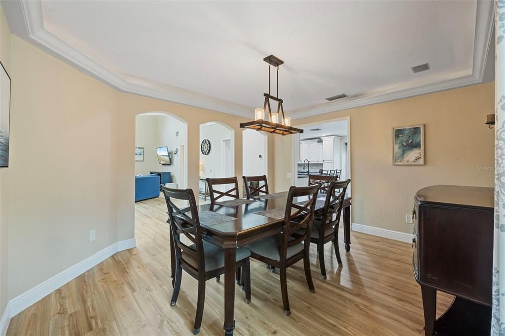 Dining room, Interior, Pendant Lights, Wood Texture Flooring