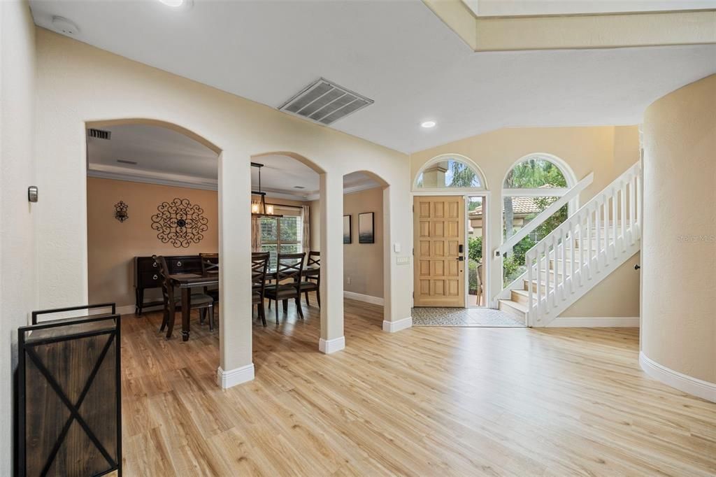 Dining room, Interior, Pendant Lights, Recessed Lighting, Wood Texture Flooring
