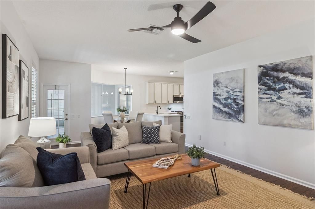 Dining room, Interior, Kitchen, Living room, Pendant Lights, Wood Texture Flooring
