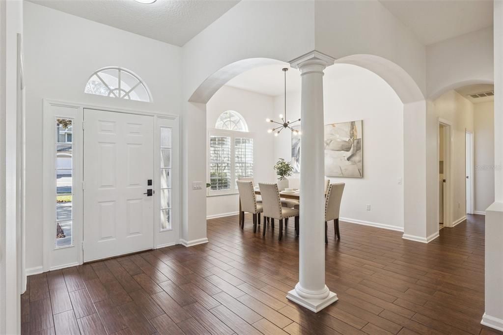 Dining room, Interior, Pendant Lights, Wood Texture Flooring