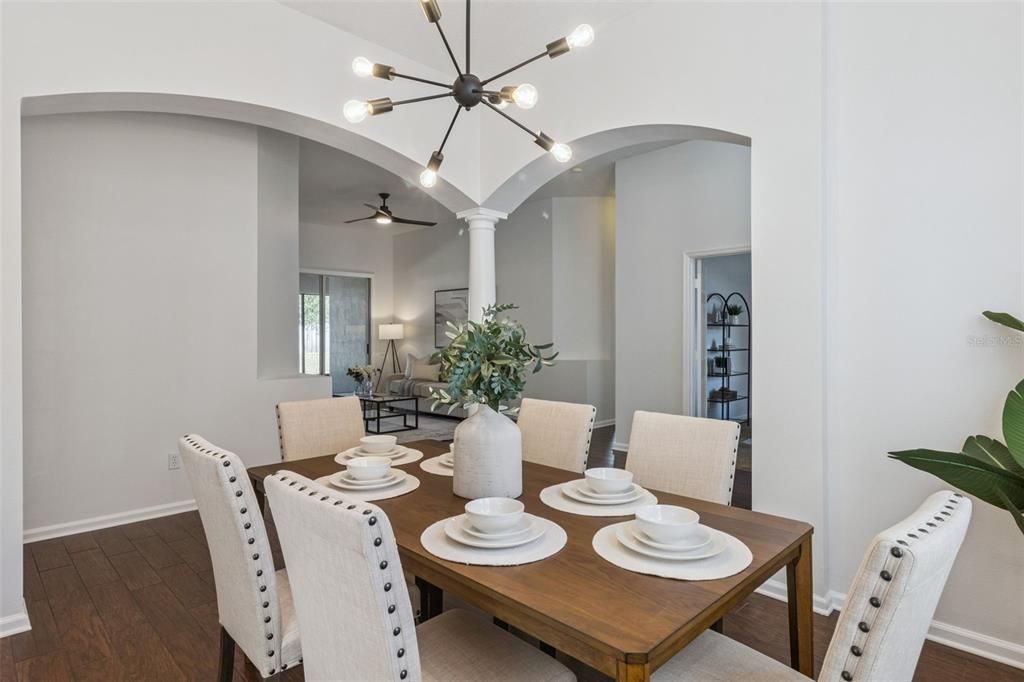 Dining room, Interior, Pendant Lights, Wood Texture Flooring