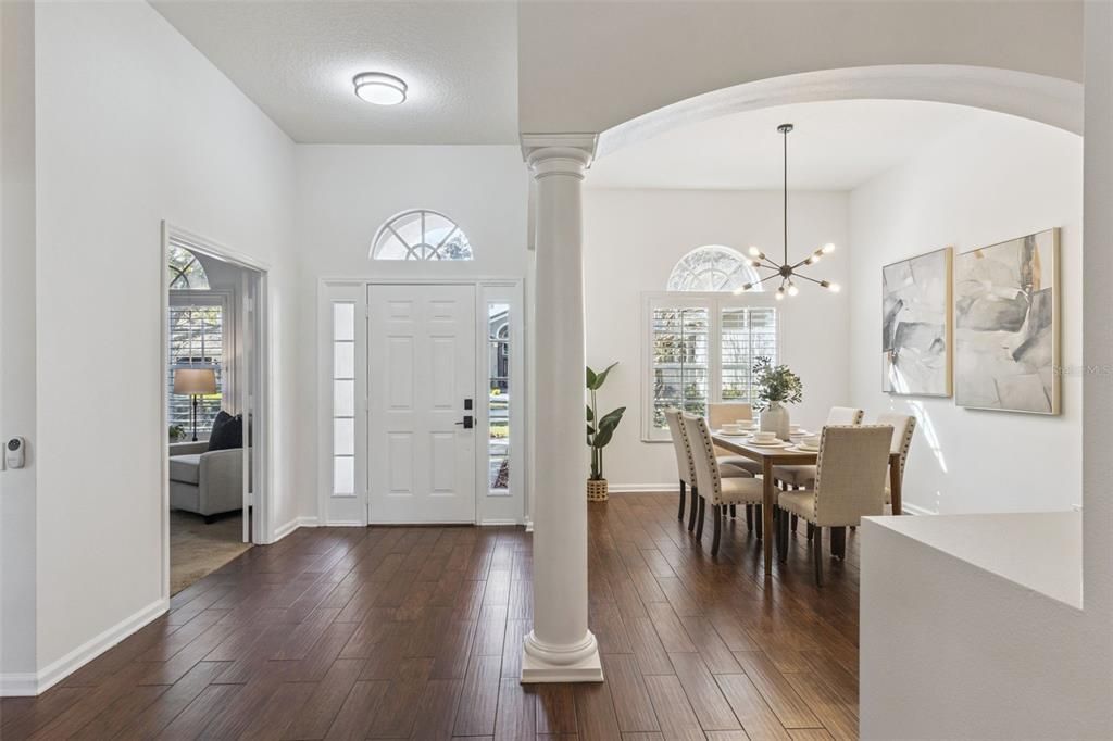 Dining room, Interior, Pendant Lights, Wood Texture Flooring