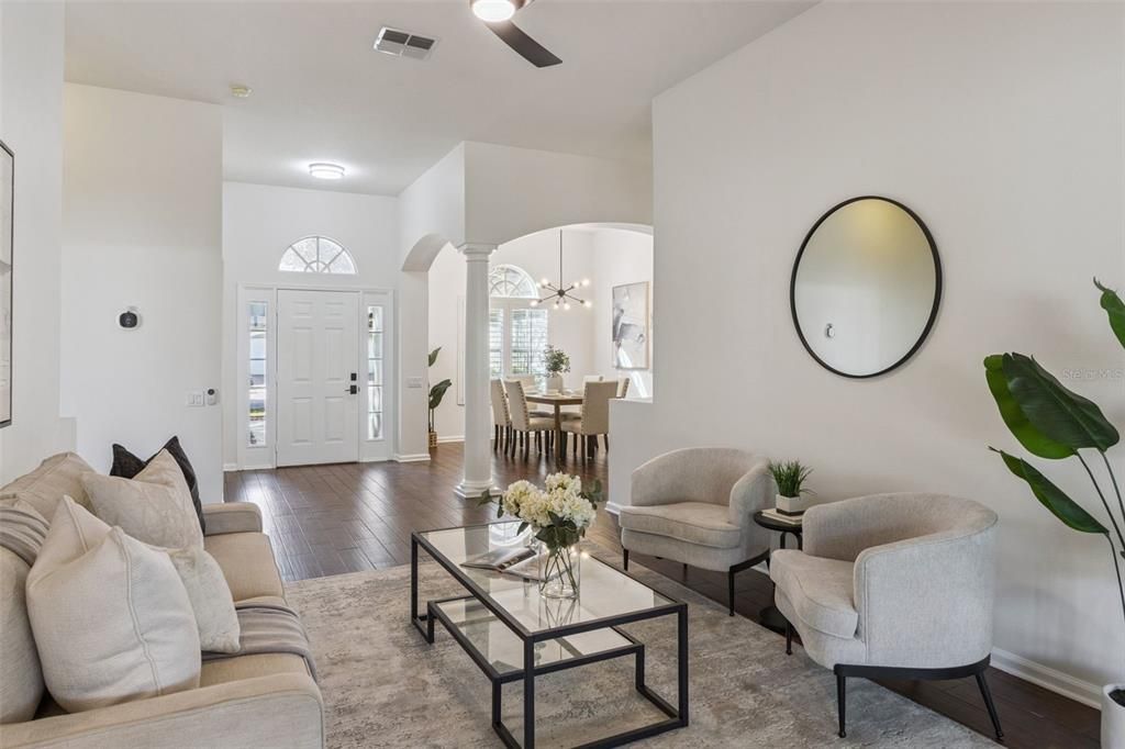Dining room, Interior, Living room, Pendant Lights, Wood Texture Flooring