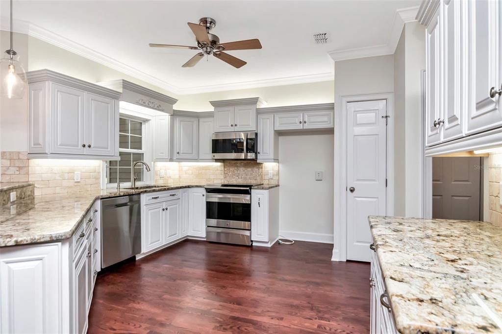 Interior, Kitchen, Pendant Lights, Stainless Steel Appliances, Wood Texture Flooring